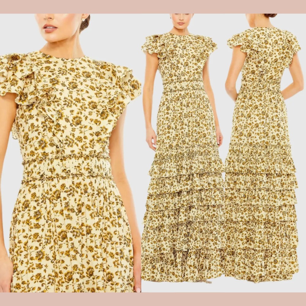 NWT Mac Duggal [ 20 ] 70114‎ Tiered Ruffle High Neck Gown Taupe Floral S1866